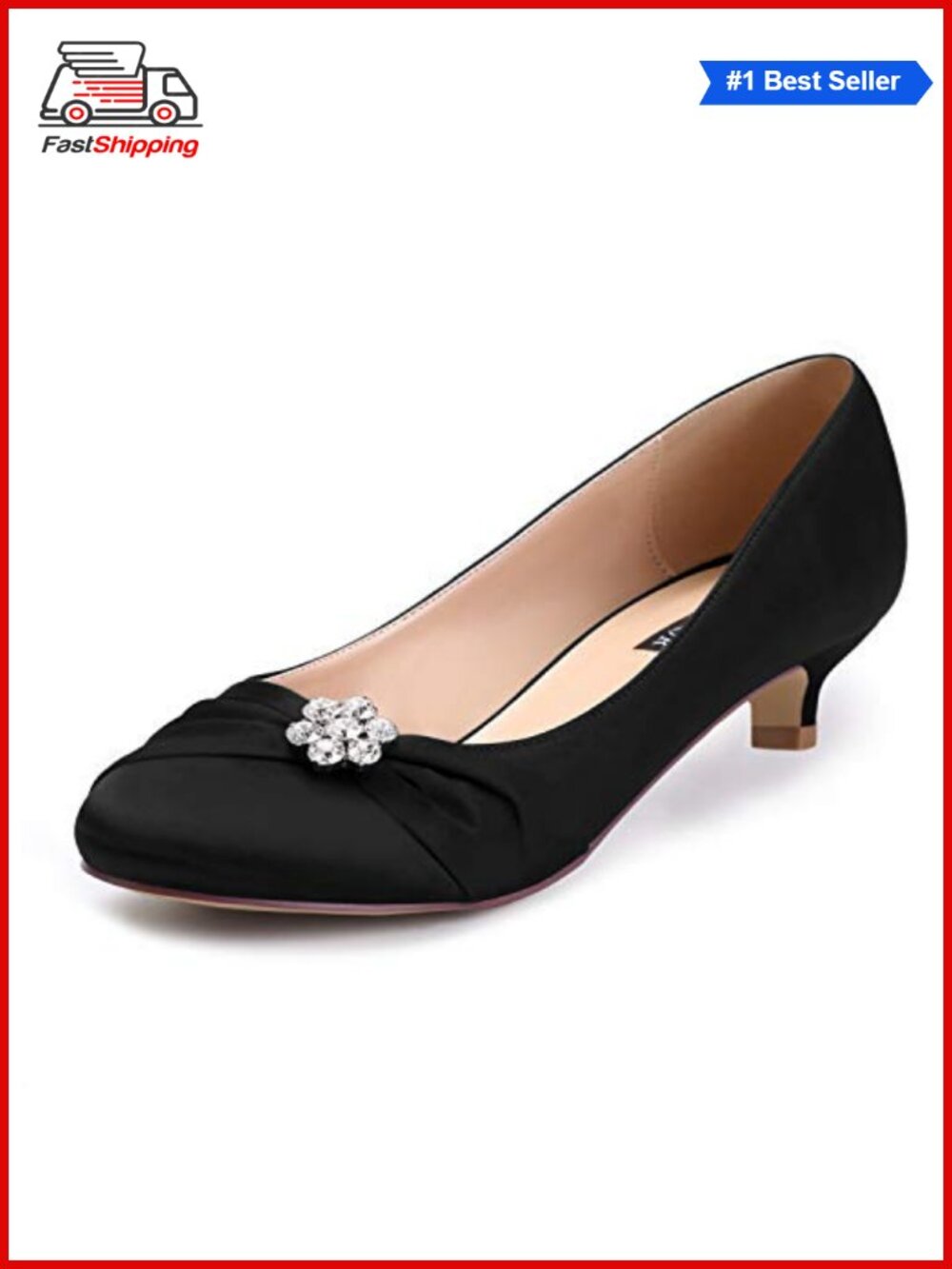 ✨ ERIJUNOR Women's Satin Rhinestone Kitten Heel Closed Toe Wedding Evening Pumps